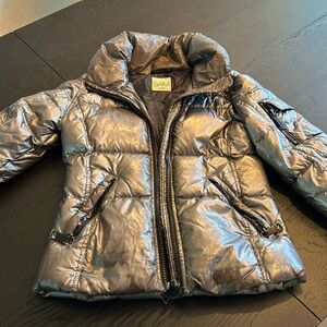 Metallic gunmetal Sam girls jacket, size 12. Well loved and well worn.